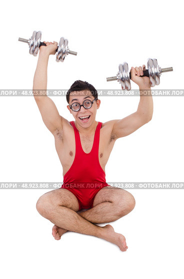 Funny guy exercising with dumbbells on white. Стоковое фото, агентство Ingram Publishing / Фотобанк Лори