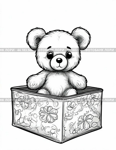 Funny little bear. Educational children's coloring (black and white). White background, in the style of a coloring book, a drawing for children to color. Стоковое AI-изображение, AI-художник Сергей Елизарьев / Фотобанк Лори