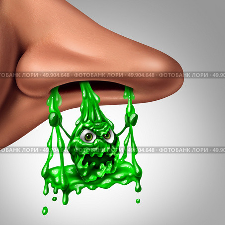 Funny mucus snot character concept as a runny nose with dangling green liquid shaped as a swing dripping out of a nostril as a medical illness symbol for sinus or nasal infection with 3D illustration elements. Стоковое фото, агентство Ingram Publishing / Фотобанк Лори
