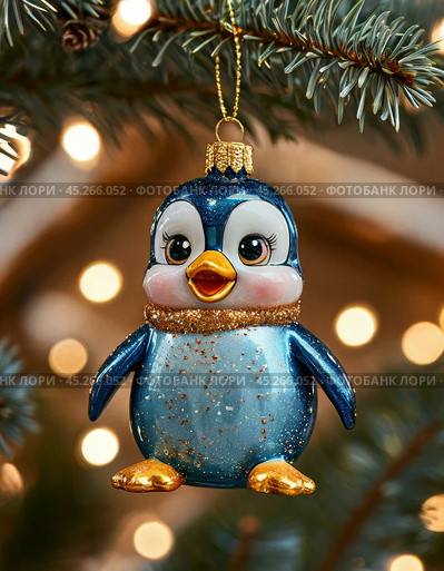 Funny penguin on the tree, bright Christmas tree toy. New Year's decor. Festive New Year's atmosphere. Стоковое AI-изображение, AI-художник Сергей Елизарьев / Фотобанк Лори