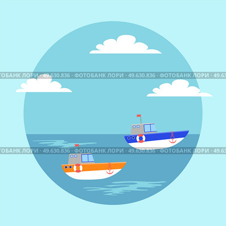 Funny ships in cartoon style. Vessel sailing in the waves in the blue sea flat vector illustration. Small boat with a life buoy on board, window porthole, hull of a white yachts with anchors. Funny ships in cartoon style. Vessel sailing in the waves in the blue sea flat vector illustration. Стоковая иллюстрация, агентство Ingram Publishing / Фотобанк Лори