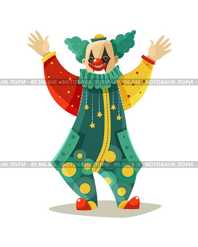 Funny Traveling Circus Clown Colorful Icon . Traveling circus traditional clown figure in funny costume and makeup greeting public colorful icon vector illustration . Стоковая иллюстрация, агентство Ingram Publishing / Фотобанк Лори