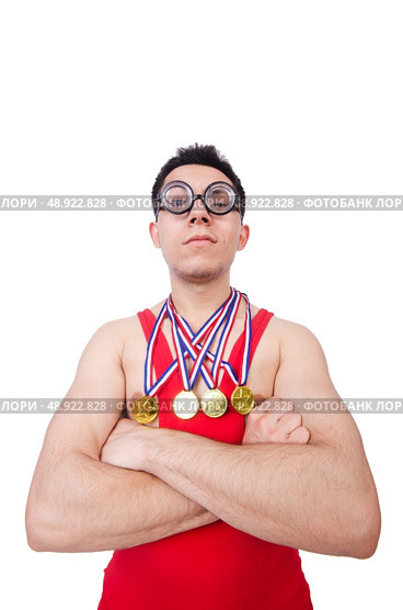 Funny wrestler with winners gold medal. Стоковое фото, агентство Ingram Publishing / Фотобанк Лори
