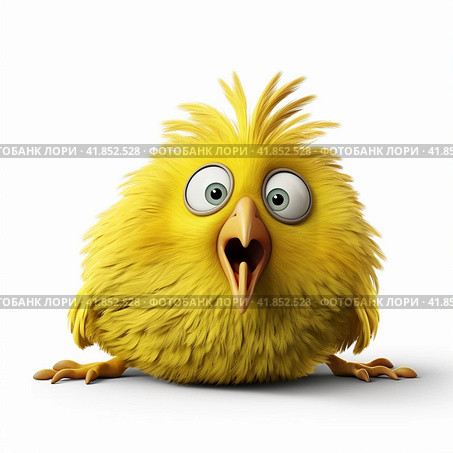 Funny yellow bird on a white background. Стоковое AI-изображение, AI-художник Анна Кривицкая / Фотобанк Лори