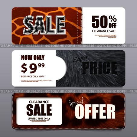 Fur sale advertising horizontal banners with  percentage discount and various elements texture realistic vector illustration.  Fur Texture Realistic Banners. Стоковая иллюстрация, агентство Ingram Publishing / Фотобанк Лори