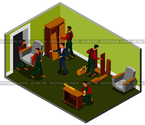 Furniture delivery isometric composition room with makers during assembly, customer and loaders carrying chair vector illustration  . Furniture Delivery Isometric Composition. Стоковая иллюстрация, агентство Ingram Publishing / Фотобанк Лори