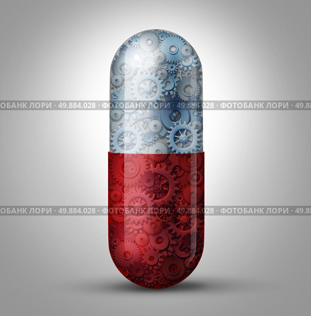 Future of medicine and bioengineering concept as a magic pill capsule with gears and cogs inside as a medical symbol for nano robotic technology curing biological disease and extending human lifespan through innovative science. Стоковое фото, агентство Ingram Publishing / Фотобанк Лори