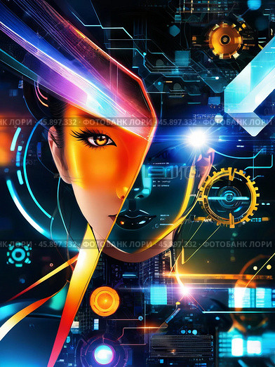 Future woman with cyber technology eye panel concept. Стоковое AI-изображение, AI-художник Ульянов Александр / Фотобанк Лори