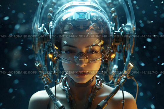 Futuristic female astronaut in space suit helmet. Стоковое AI-изображение, AI-художник Иван Рябоконь / Фотобанк Лори