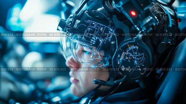 Futuristic flight simulation: person wearing high-tech helmet with integrated display and headset. Стоковое AI-изображение, AI-художник Данила Большаков / Фотобанк Лори
