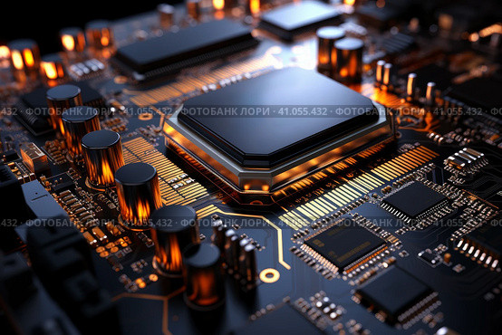 Futuristic future motherboard design with CPU socket, microchips, microprocessors, integrated circuits and connectors for connection, technology science background, AI Generated. Стоковое AI-изображение, AI-художник Станислав Тарко / Фотобанк Лори