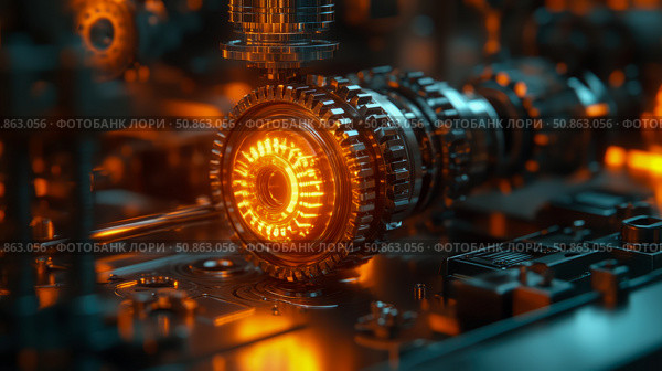 Futuristic Gearbox Assembly: Concept for next-gen manufacturing processes & advanced mechanical engineering, print or poster. Стоковое AI-изображение, AI-художник Данила Большаков / Фотобанк Лори