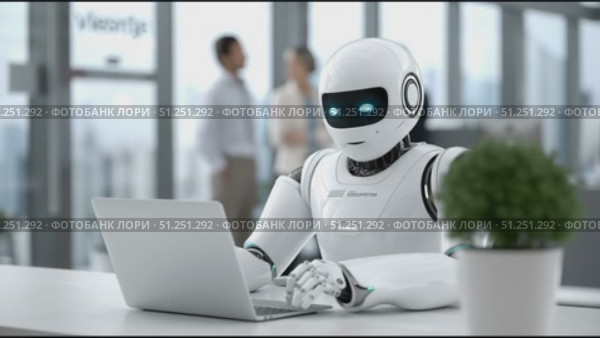Futuristic humanoid robot with glowing blue eyes is working on a laptop in a modern office environment, showcasing advanced technology and innovation in the workplace. Стоковое AI-видео, аниматор Ирина Ручушкина / Фотобанк Лори