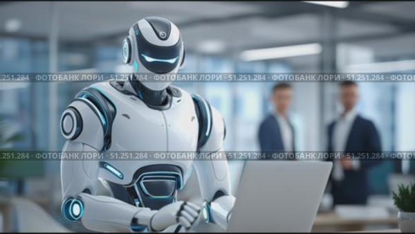 Futuristic humanoid robot with sleek design is working on a laptop in a modern office environment, showcasing advanced technology and collaboration with human colleagues. Стоковое AI-видео, аниматор Ирина Ручушкина / Фотобанк Лори