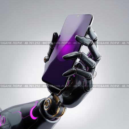 Futuristic metallic robotic hand with purple backlight holding a modern smartphone on a light background. Стоковое AI-изображение, AI-художник ArtVladZ / Фотобанк Лори