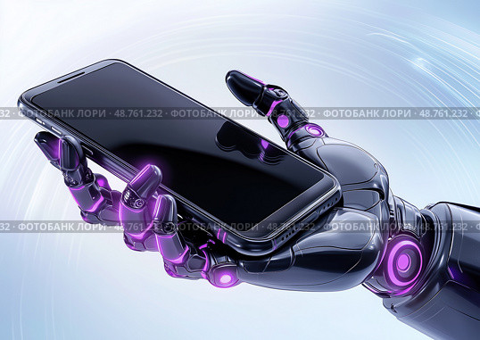 Futuristic metallic robotic hand with purple backlight holding a modern smartphone on a light background. Стоковое AI-изображение, AI-художник ArtVladZ / Фотобанк Лори