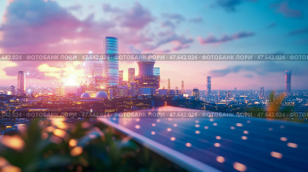 Futuristic Metropolis: A Dawn of Sustainable Energy, Envisioning Green Living with Solar Power in a Radiant Urban Sprawl, Illustration. Стоковое AI-изображение, AI-художник Данила Большаков / Фотобанк Лори