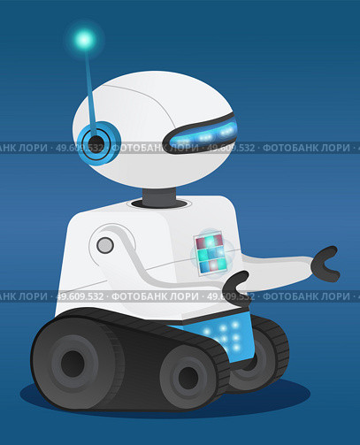 Futuristic model robot or android with artificial intelligence. Dark blue gradient background. Tracked white metal robot. Futuristic cyber smart electronic machine. Technologically developed android. Smart scifi cyborg with artificial intelligence. Scientific technological test android model. Стоковая иллюстрация, агентство Ingram Publishing / Фотобанк Лори