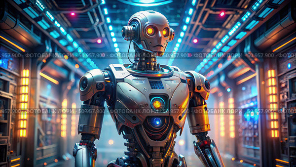 Futuristic Robot Standing In A Sci-Fie Corridor. Generative AI. Стоковое AI-изображение, AI-художник Roman Zavorotny / Фотобанк Лори