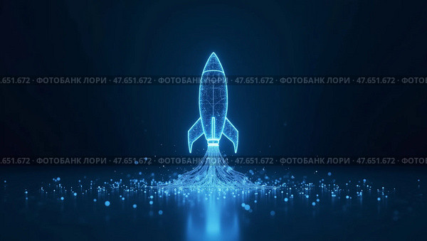 Futuristic rocket ship in digital wireframe design. Стоковое AI-изображение, AI-художник Андрей Бакусов / Фотобанк Лори