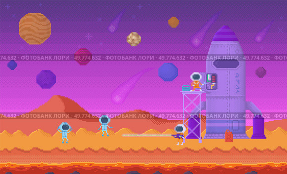 Futuristic scene with astronauts exploring an alien planets surface. Background features planets, comets, and a rocket. Ideal for sci-fi, outer space exploration, video games, technology, futuristic. Futuristic Space Station on Colorful Alien Planet with Astronauts and Spacecraft. Стоковая иллюстрация, агентство Ingram Publishing / Фотобанк Лори
