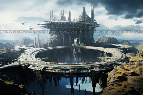 Futuristic sci-fi cityscape with circular architecture. Стоковое AI-изображение, AI-художник Иван Рябоконь / Фотобанк Лори