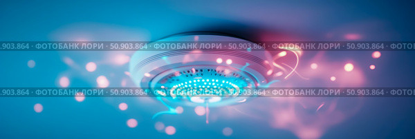 Futuristic Smart Home Ambient Light Fixture with Luminous Blue and Magenta Illumination, Creating a Modern Interior Atmosphere. Стоковое AI-изображение, AI-художник Данила Большаков / Фотобанк Лори