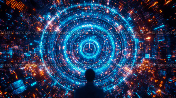 Futuristic tech portal. Silhouette contemplates digital transformation interface design for landing page, background or presentation. Стоковое AI-изображение, AI-художник Данила Большаков / Фотобанк Лори