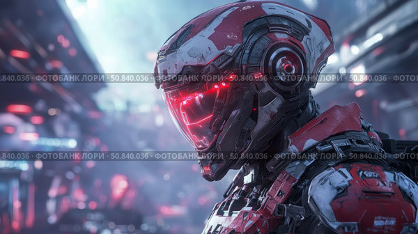 Futuristic warrior in battle armour with glowing visor, red and white metal plates and intricate mechanical parts, ready for combat. Стоковое AI-изображение, AI-художник Данила Большаков / Фотобанк Лори