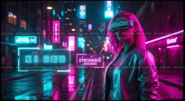Futuristic woman in vr glasses on rainy cyberpunk city street with neon lights. Synthwave and retrowave aesthetic with girl in virtual reality at night. Стоковое AI-изображение, AI-художник Павел Муравьев / Фотобанк Лори