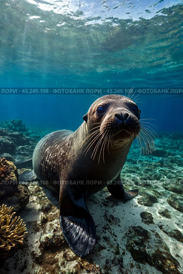 Galapagos fur seal (Arctocephalus galapagoensis) swimming at camera in tropical underwaters. Lion seal in under water world. Observation of wildlife ocean. Scuba diving adventure in Ecuador coast. Стоковое AI-изображение, AI-художник Aleksandr Golubev / Фотобанк Лори