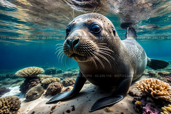 Galapagos fur seal (Arctocephalus galapagoensis) swimming at camera in tropical underwaters. Lion seal in under water world. Observation of wildlife ocean. Scuba diving adventure in Ecuador coast. Стоковое AI-изображение, AI-художник Aleksandr Golubev / Фотобанк Лори