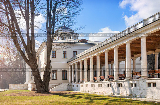 Галерея дома gallery with columns and old tree (2020 год). Редакционное фото, фотограф Baturina Yuliya / Фотобанк Лори