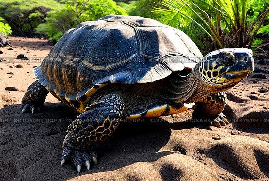 Galápagos tortoise (Chelonoidis elephantopus) in tropical Galapagos island. Giant turtle (tortuga) in animal world. Observation of wildlife area. Holiday adventure in Ecuador. Стоковое AI-изображение, AI-художник Aleksandr Golubev / Фотобанк Лори