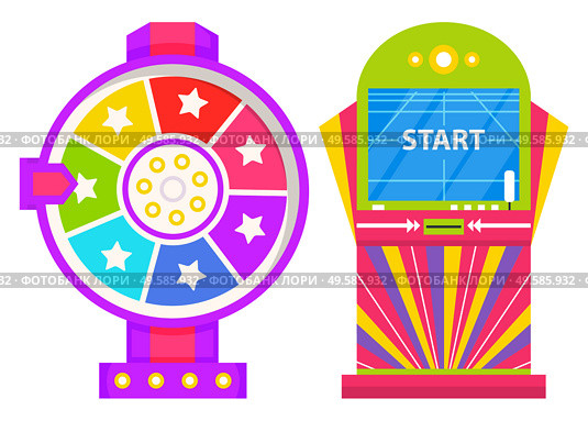 Gambling fortune wheel vector, isolated game machine with screen saying start. Casino online, flat style devices with reward and spirit of competition. Playing on money and winning victorious tokens. Start Playing on Game Machine, Fortune Wheel Set. Стоковая иллюстрация, агентство Ingram Publishing / Фотобанк Лори