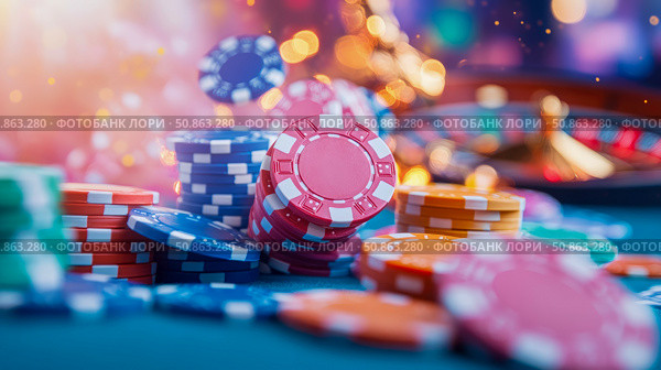Gambling night concept: stacks of poker chips and roulette wheel, risking luck in a casino or gambling establishment for promotional material. Стоковое AI-изображение, AI-художник Данила Большаков / Фотобанк Лори
