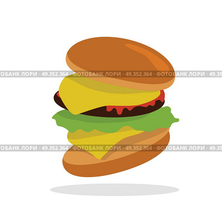 Gamburger Isolated. Hamburger with Meat. Junk Food. Gamburger banner. Hamburger with meat lettuce cheese onion and tomato. Junk food. Consumption of high calories nourishment fast food. Part of series of promotion healthy diet and good fit. Vector. Стоковая иллюстрация, агентство Ingram Publishing / Фотобанк Лори