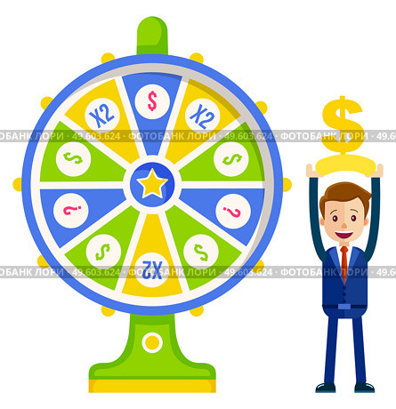 Game fortune wheel concept. Man playing risk game with fortune wheel and lottery. Casino and gambling vector. Illustration of casino fortune, wheel winner game. Man won, joyfully raised his hands up. Game fortune wheel concept. Man playing risk game with fortune wheel and lottery, gambling template. Стоковая иллюстрация, агентство Ingram Publishing / Фотобанк Лори