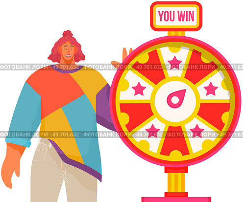 Game fortune wheel concept. Woman playing risk game with roulette wheel and lottery. Casino and gambling, leisure. Casino felicity wheel winner game. Stylish woman won, joyfully raised his hands up. Game fortune wheel. Woman playing risk game with roulette wheel and lottery. Casino and gambling. Стоковая иллюстрация, агентство Ingram Publishing / Фотобанк Лори