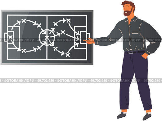 Game strategy on soccer field on blackboard. Coach points finger at football scheme. Soccer tactic on board. Man stands near mock-up of football field. Plan for game, strategy on green chalkboard.. Game strategy on soccer field. Coach points finger at football scheme. Soccer tactic on board. Стоковая иллюстрация, агентство Ingram Publishing / Фотобанк Лори