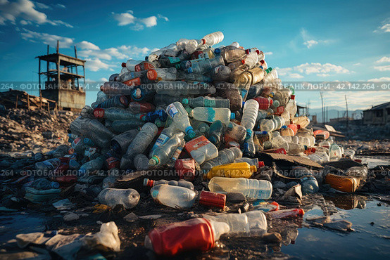 Garbage dump made of plastic bottles. Significant pile of domestic waste emphasizing the pressing environmental issue of overconsumption and subsequent waste generation. Стоковое AI-изображение, AI-художник Ирина Михайличенко / Фотобанк Лори
