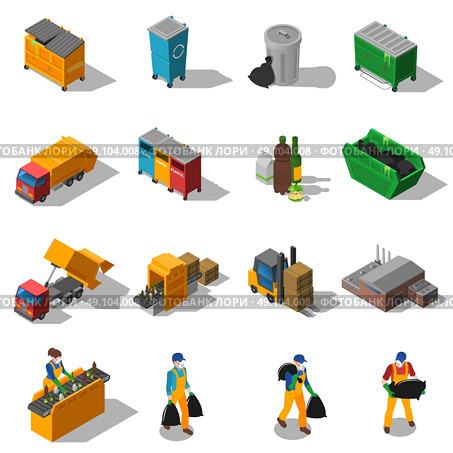 Garbage Recycling Isometric Icons Collection . Garbage recycling and green waste collection services and facilities isometric icons collection abstract isolated shadow vector illustration. Стоковая иллюстрация, агентство Ingram Publishing / Фотобанк Лори