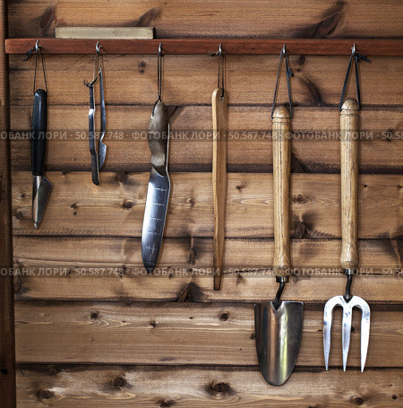 Garden tools hanging up in wooden shed, dibbers, trowel, fork and spade. Стоковое фото, агентство Ingram Publishing / Фотобанк Лори