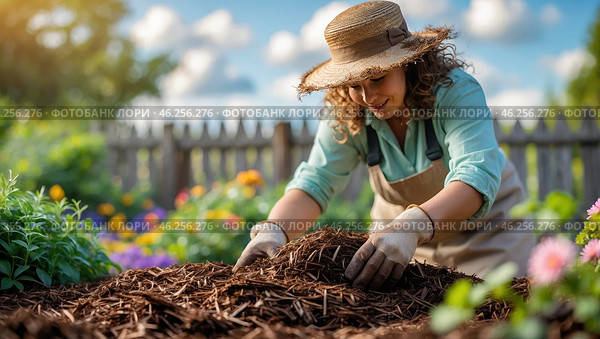 Gardener mulching flower beds on a sunny day in a vibrant garden with colorful blooms in springtime. Стоковое AI-изображение, AI-художник Сергей Толмачёв / Фотобанк Лори