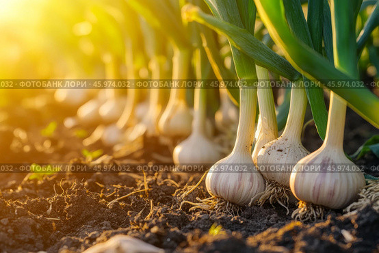 Garlic plants row growing in the dirt on agricultural field background. Garlic plantation. Vegetable garden. Fresh garlic bulbs, green leaves grow in soil. Sunset light. Organic vegetables farming. Стоковое AI-изображение, AI-художник Марина Демидюк / Фотобанк Лори