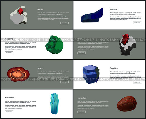 Garnet carnelian lazurite malachite aquamarine agate sapphire ruby precious gemstones set posters. Crystals and minerals, expensive natural gems. Garnet Carnelian Lazurite Malachite Aquamarine. Стоковая иллюстрация, агентство Ingram Publishing / Фотобанк Лори