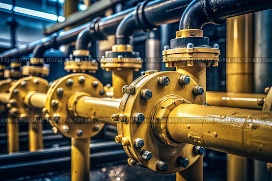 Gas industry, oil transportation system. The gas pipeline oil industry. Yellow gas pipes are power equipment. Fuel and energy equipment. Стоковое AI-изображение, AI-художник Photojuli / Фотобанк Лори