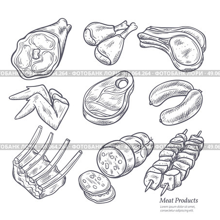 Gastronomic Meat Products Sketches. Gastronomic meat products sketches set in retro style on white background vector isolated illustration. Стоковая иллюстрация, агентство Ingram Publishing / Фотобанк Лори