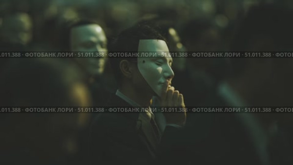 Gathering of masked individuals in suits at a mysterious event in a dimly lit setting. Стоковое AI-видео, аниматор Сергей Толмачёв / Фотобанк Лори