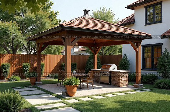Gazebo with barbecue area in the courtyard of the house with barbecue, stove, table, roof. AI generated. Стоковое AI-изображение, AI-художник Ольга Симонова / Фотобанк Лори